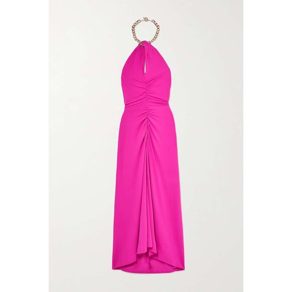 VERONICA BEARD chain-embellished ruched stretch-jersey halterneck maxi dress  M - Picture 3 of 11